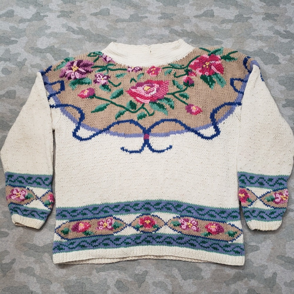 VTG Northern Isles Sweater Womens Medium Beige Pullover Hand Knit Floral